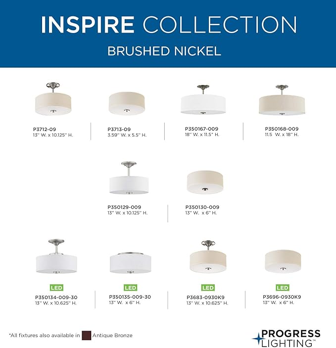 Progress Lighting Inspire Collection 2-Light Ceiling Light, Flush Mount Ceiling Light Fixture with Summer Linen Light Shade for Interior Kitchen Lights, Hallway, 13" by 5.5", Brushed Nickel