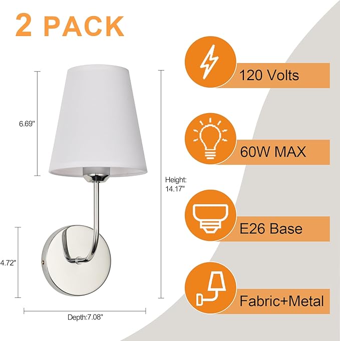 Modern Hardwired Wall Sconces, Set of 2 in Chrome with White Fabric Shades,Farmhouse Light, Living Room, Hallway, Bathroom, Vanity, or Staircase. Sleek, Versatile Lighting
