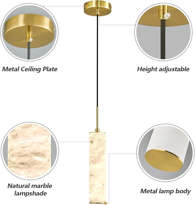 LMQNINE Natural Alabaster Pendant Lights for Kitchen Island White Marble Long Tube Chandelier 4000K Modern Gold Ceiling Light Fixtures for Bedroom Dining Room Table Living Room Hallway(S-3Pack)