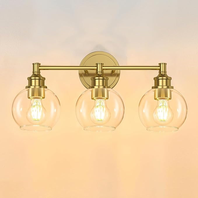 Bathroom Light Fixtures, 3-Light Brushed Gold Vanity Light Globe Glass Shades, Bathroom Lighting Fixtures Over Mirror, Wall Sconces for Master Bathroom, Guest Bathroom, Powder Room, 20-inch
