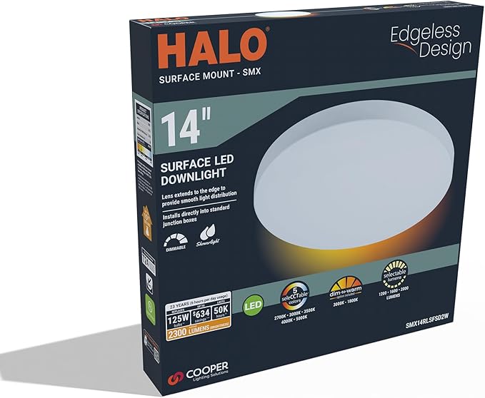 HALO SMX 14-Inch Edgeless Surface Mount LED Downlight w/Selectable Lumens, Color Temperatures, Dimming - Round - SMX14RLSFSD2W