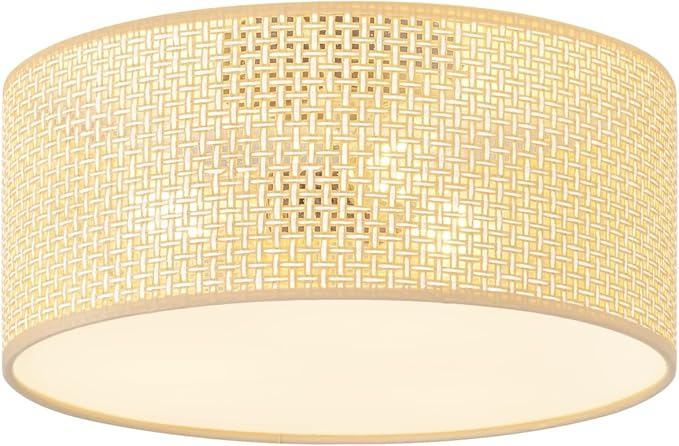 13Inch Boho Semi Flush Mount Ceiling Light,Natural Woven Drum 3-Light Ciling Fixture for Bedroom,Living Room,Dining Room,Kitchen,Hallway,Entryway,Coastal and Scandinavian Style Lighting