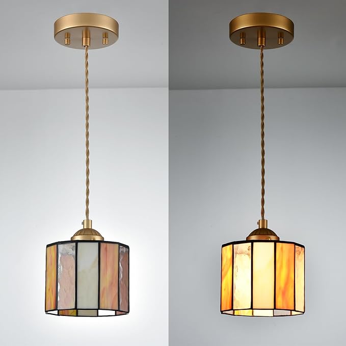 Tiffany Style Pendant Light Hanging Lamp 5.5-Inch Stained Glass Pendant Light Fixture Vintage Cylinder Tiffany Pendant Lighting for Kitchen Island Hallway Dining Room Office Home