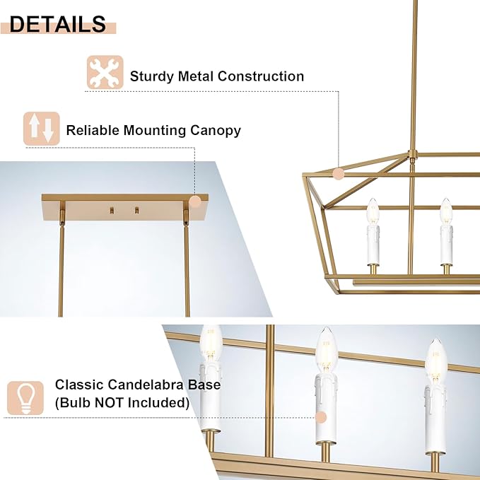6-Light Gold Large Classic Chandelier Kitchen Island Lighting Over Table, Adjustable Height Pendant Light Fixture, E12 Bulb Base