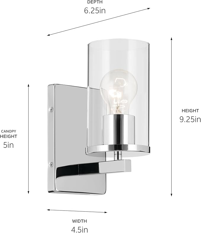 Kichler Crosby 4.5" 1-Light Wall Sconce Bathroom Light Fixture with Clear Glass in Chrome for Bathroom, Powder Room, Hallway, Kitchen, Bedroom (4.5" x 9.25"), 45495CHCLR