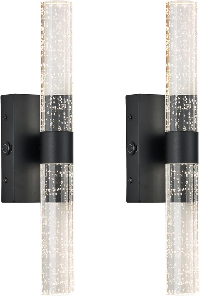 Black Battery Operated Wall Sconces Set of 2, 20000mAh Rechargeable Wall Light with Remote Control, 3000K-6000K Dimmable Wireless LED Sconces for Bedroom, Living Room, 15.6 Inch