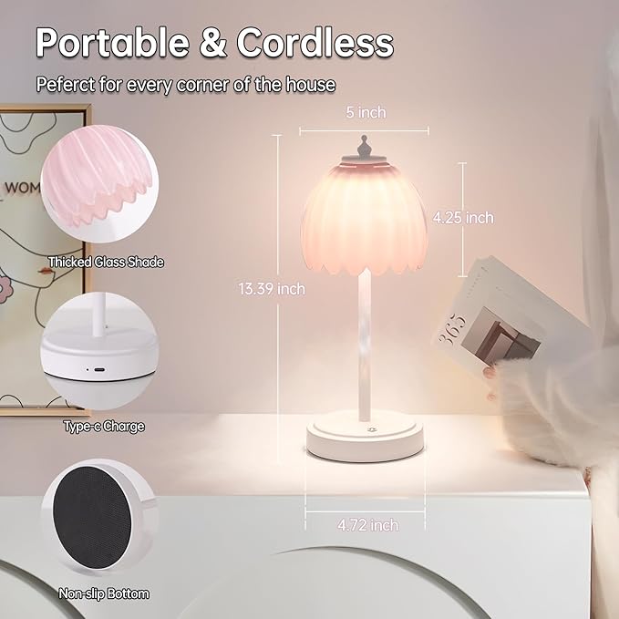 Shenmoyl Rechargeable Table Lamp with 5200mAh Battery & Touch Control - 3 Adjustable Color Temperatures, Cordless Dimmable Table Light for Bedroom, Office Desk, Nightstand(Creamy Pink, 1 Pack