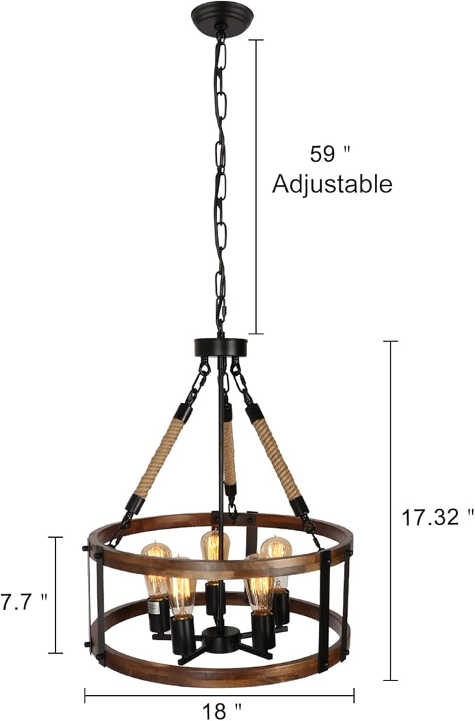 Rustic Wood Chandelier for Dining Room 5-Light, Kitchen Island Industrial Pendant Light Vintage Hanging Dining Room Farmhouse Light Fixtures