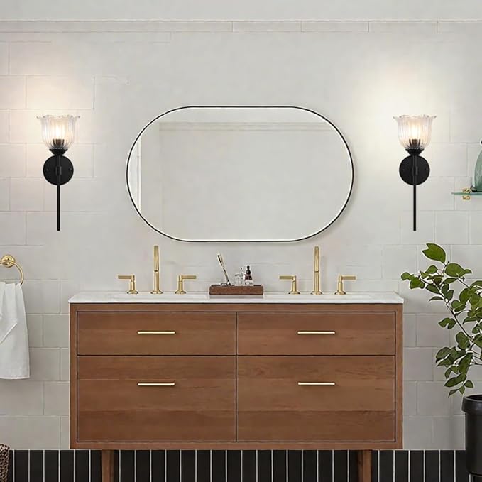 Black Wall Sconces 1-Light, Modern Wall Sconce with Clear Glass Flower Shade, Hardwired Wall Mount Light Fixtures for Living Room Bathroom, Bedroom, Hallway