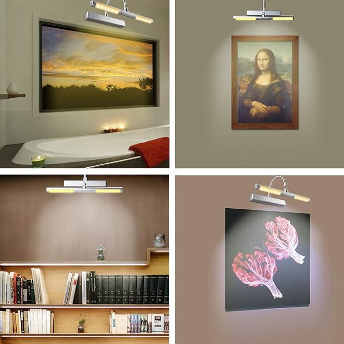 LUXSWAY Wireless Battery Operated Picture Light with Remote Control, Dimmable & Timer, 180° Adjustable Head for Wall Art, Canvas Paintings, Portrait Displays -Silver