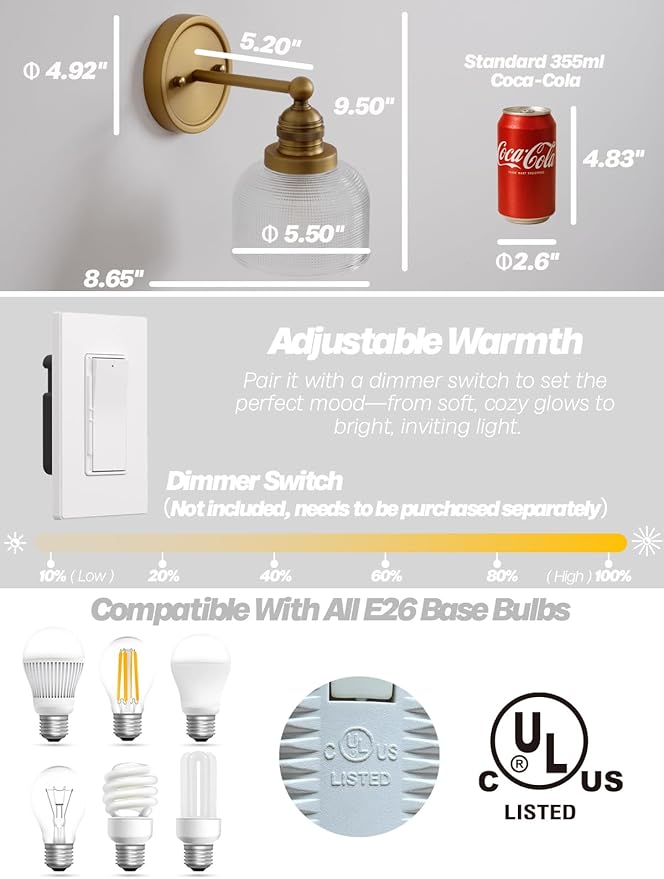Gold Wall Sconces,Vintage Bathroom Vanity Light with Hand-Blowing Clear Glass Minimalist Brass Wall Sconce Light for Bathroom Mirror Living Room Bedroom Kitchen E26 Hardwire Indoor