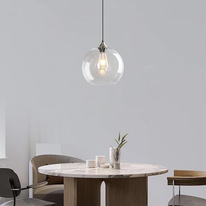 Mikeru Glass Globe Pendant Light Single, 5.9 Inch Clear Bubble Glass Hanging Lamp, Mid Century Modern Pendant Lighting for Kitchen Island Dining Room Bedroom (Bulb Not Included)