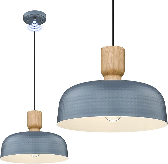 Industrial Pendant Lights, 12.4 inch Farmhouse Pendant Light with Dusk to Dawn Sensor, Adjustable Hanging Light Fixtures with Hammered Metal Shade for Kitchen Island, Blue