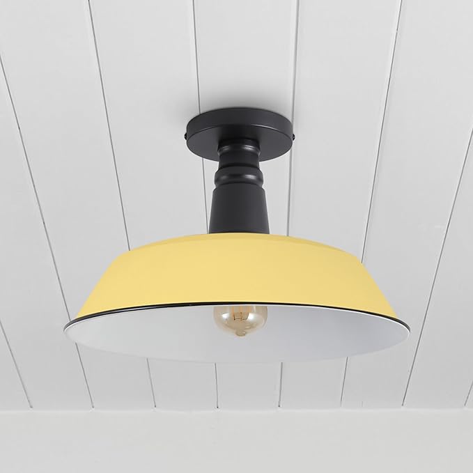 JONATHAN Y 14" Matte Yellow/Black 1-Light Industrial LED Semi Flush Mount Ceiling Light for Porch, Kitchen, Entryway, Modern Farmhouse Iron Fixture, White Metal Shade, LED Bulb Included (JYL7617H)