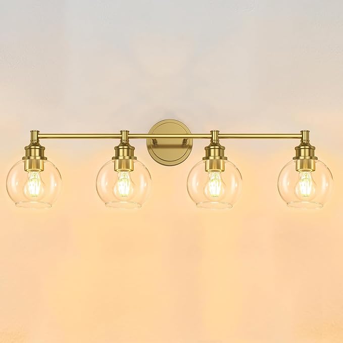 Bathroom Light Fixtures, 4-Light Brushed Gold Vanity Light Globe Glass Shades, Bathroom Lighting Fixtures Over Mirror, Wall Sconces for Master Bathroom, Guest Bathroom, Powder Room, 28-inch