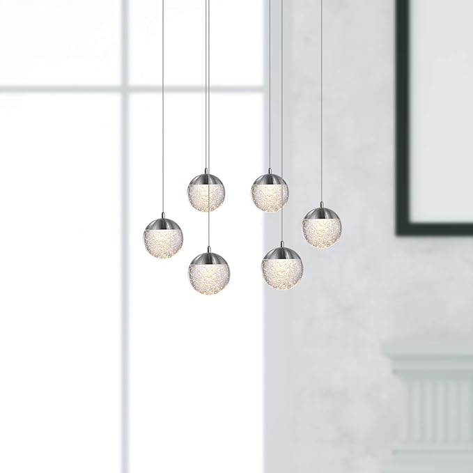 contec development Galaxy 6 Mini Pendant Crystall Ball Lighting Nickel - LED Hanging Light Fixture: Kitchen Island, Bar, Foyer - Cluster Pendants - Dimmable, Adjustable Wire, Lamp Bulb Included