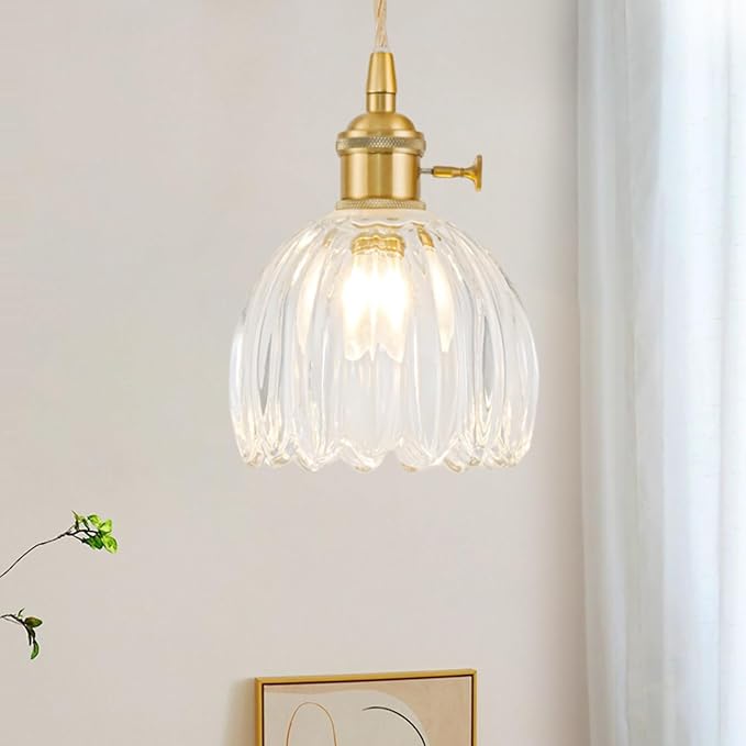 Plug in Pendant Light Fixtures, Hanging Light Fixture Vintage Glass Pendant Light, Mini Transparent Tulip Hanging Lamp, Pendant Lighting for Kitchen Island, Bedroom, Dining Room, Living Room
