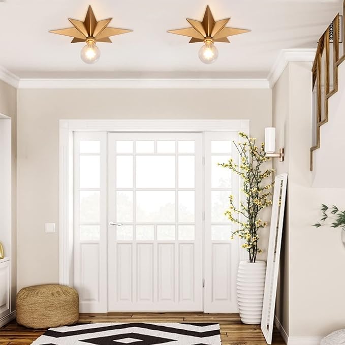 16 inch Flush Mount Ceiling Light, Gold Star Light Fixture, Farmhouse Star Ceiling Light, Vintage Flush Lighting Ceiling for Hallway, Entryway, Study, Bedroom, Stair, Foyer, Kitchen, Bathroom - Metal