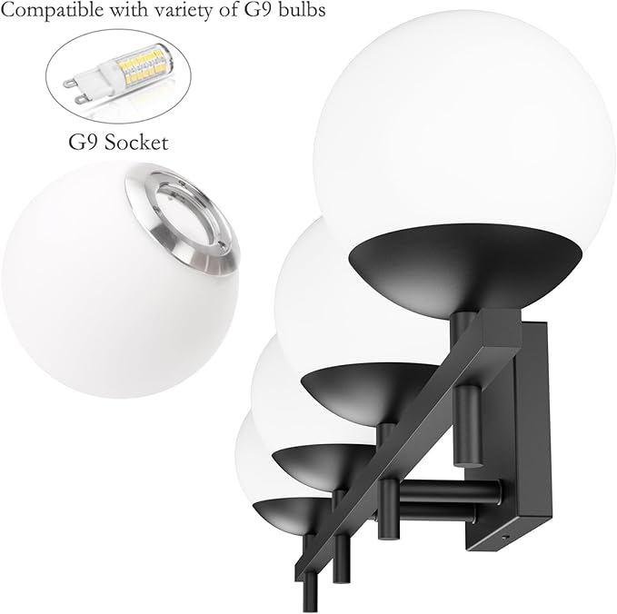 Ralbay Black Vanity Lights for Bathroom Milky Glass Mid Century Modern Bathroom Vanity Wall Light Over Mirror, Black 4-Lights