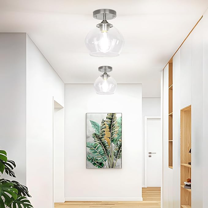 Modern Semi Flush Mount Ceiling Light with Clear Glass Shade, Industrial Close to Ceiling, Nickel Hanging Ceiling Light Fixture for Hallway, Bedroom, Dining Room, Entryway, Foyer