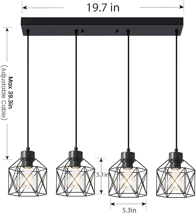 4-Light Hanging Pendant Light Fixtures, Farmhouse Kitchen Island Light Fixture, Industrial Hanging Pendant Lighting for Dining Room Bedroom Hallway, Black Metal Cage Pendant Lamp, E26 Base