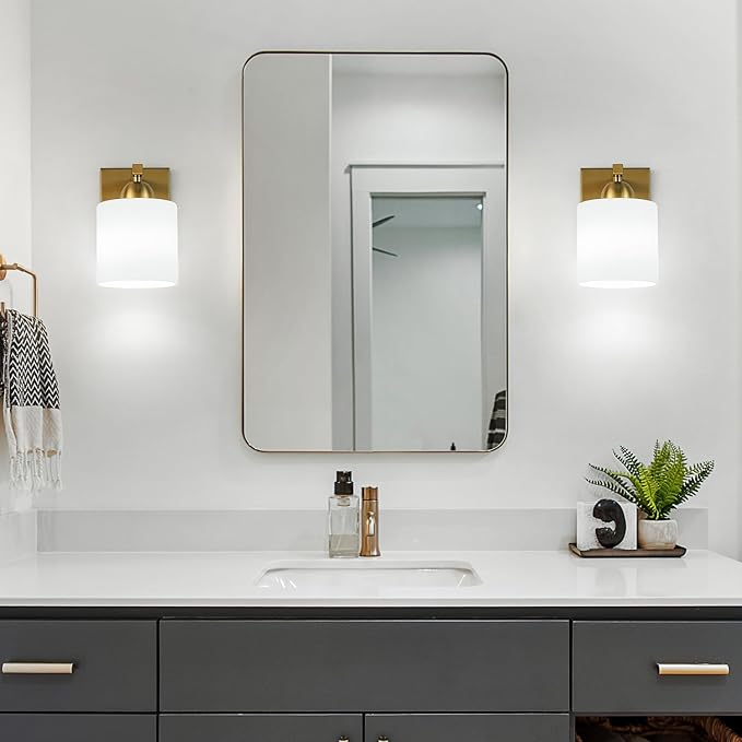 Mecgirn Gold Milk Glass Wall Sconces, 1 Pack Hardwired Indoor Wall Light Fixtures for Living Room, Hallway, Bedroom, Ceramic E26 Sockets (Bulbs Not Included)