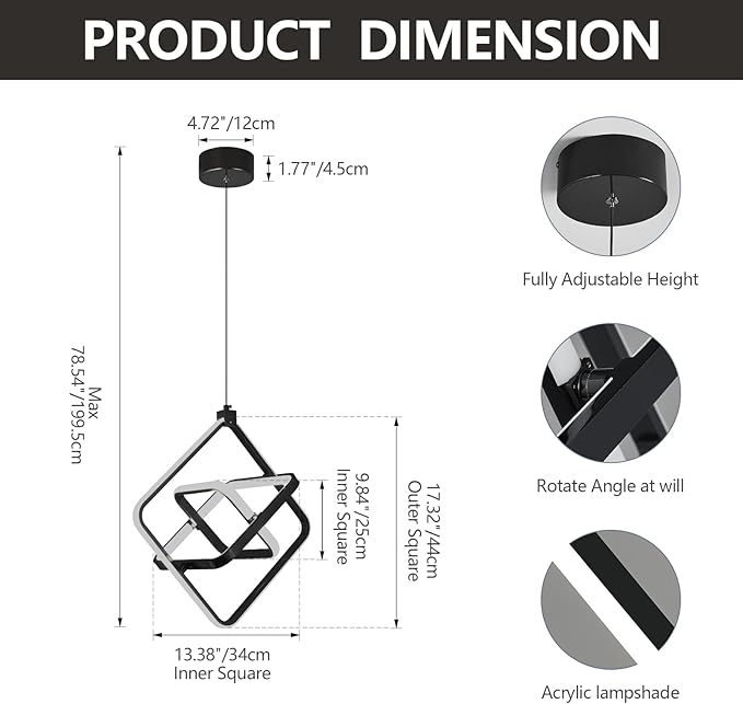 Modern LED Pendant Light Black Pendant Lights 4000K 35W Dimmable External Glow Height Adjustable Pendant Lighting Rectangle Chandelier for Kitchen Island Dining Room Bedroom Foyer(3-Ring)