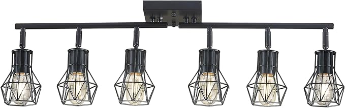 Black Track Lighting Fixtures Ceiling,6-Light Farmhouse Track Lighting with Metal Cage Design – Kitchen Lights Ceiling Mount for Kitchen, Living Room, Dining Room (E26 Base)