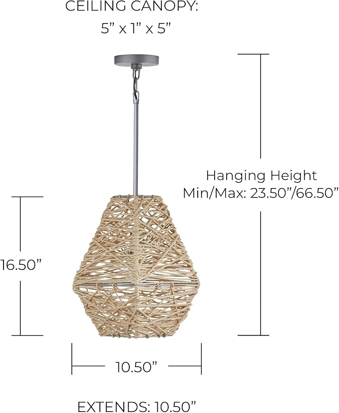 Capital Lighting 335213NY Finley Hand-Woven Natural Jute Pendant, 1-Light 100 Watt, 17" H x 11" W, Natural Jute/Grey