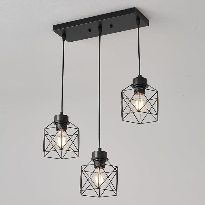 3-Light Hanging Pendant Light Fixture, Black Pendant Lights Kitchen Island, Farmhouse Pendant Lighting with Bedroom Dining Room, E26 Base, Bulbs Not Included
