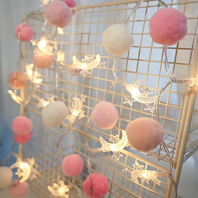 ChiRee Indoor String Lights 6.56 Feet Pom Poms Moon Lights 20 LED Battery Operated String Fairy Lights Warm White Globe Lights Colorful Decor Lights for Home Bedroom Kids Playhouse Holiday Christmas