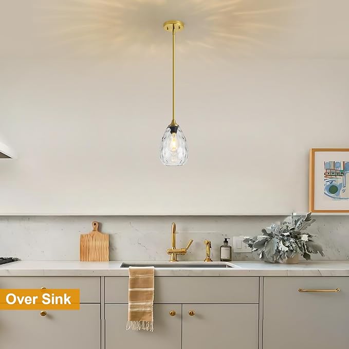 Glass Pendant Lights Kitchen Island, 6.3in Small Modern Gold Pendant Light Fixtures with Hammered Clear Glass, Hanging Lighting for Kitchen Over Sink Dining Room Bedroom