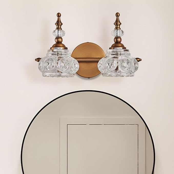 Bathroom Vanity Light Fixtures, 2-Light Vintage Crystal Bathroom Lighting, Matte Brushed Antique Brass Finish, Vintage Wall Sconce Light with Crystal Glass Shade