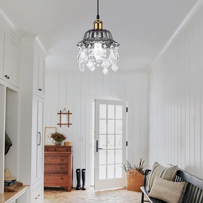 Hanging Light Grey Glass Swag Light with 14.7 Ft Plug-in Cord and On/Off Dimmer Switch, Modern Crystal Chandelier Plug in Pendant Light for Bedroom Kitchen Sink, 9.84 inches, 1-Pack