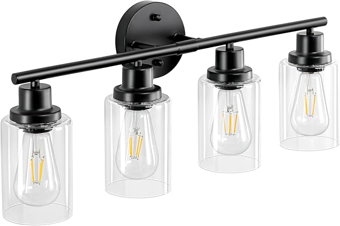 4-Light Black Bathroom Light Fixtures, E26 Modern Vanity Lights for Bathroom with Clear Glass Shade, Wall Lamps for Mirror Hallway Kitchen Cabinet Living Room Sconces Lights