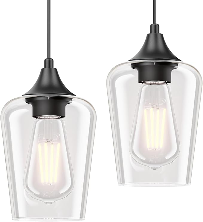Ralbay Matte Black Industrial Pendant Light 2-Pack, Pendant Light Fixtures with Wine Clear Glass Shade, Adjustable Height for Kitchen Island, Farmhouse Dining Room Hanging Lighting Fixture