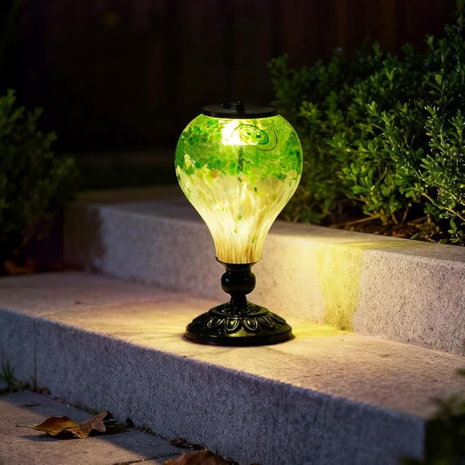 Outdoor Table Lamp Waterproof Glass Table Lamp 9.8" H Hot Air Balloon Solar Lamps Led Garden Lights for Patio Desk Garden Yard Tabletop Decor Ideal Gifts(Green)