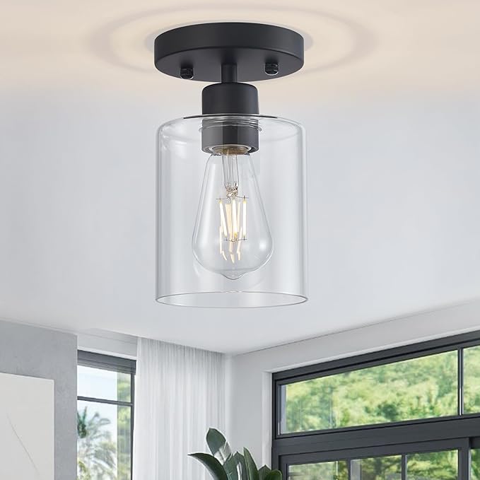 Black 1-Light Semi Flush Mount Ceiling Light, Rustic Kitchen Lighting Fixtures Ceiling, Classic Ceiling Light Fixtures, Cieling Light with Glass Shade for Hallway Foyer Farmhouse Bedroom 3 Pack