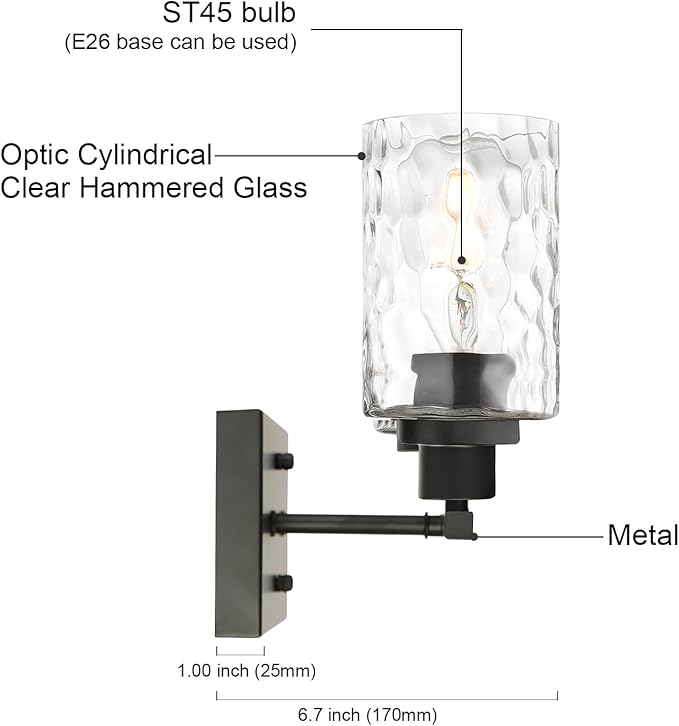 MELUCEE Indoor Wall Sconce Lighting 2-Light Matte Black with Clear Hammered Glass, Modern Bathroom Vanity Light Fixtures Wall Lamp for Mirror Cabinets Powder Room (Patent No.: US D963914 S)