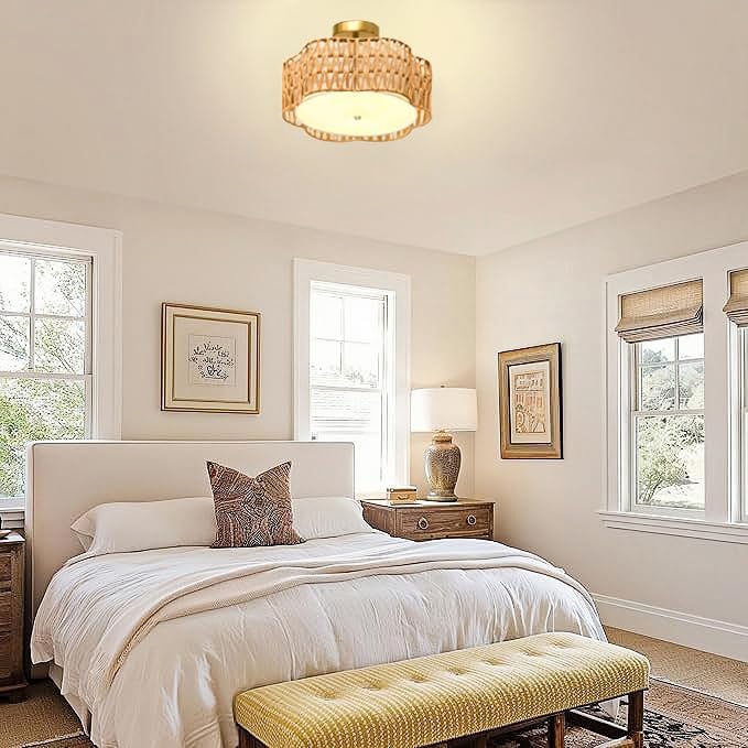 13.4"Rattan Flush Mount Ceiling Light Fixtures,Boho Rattan Chandelier with Drum Fabric Shade,3-Light Wicker Light Fixtures for Bedroom,Nursery Light Fixtures,Mini Chandelier Lighting for Dining Room