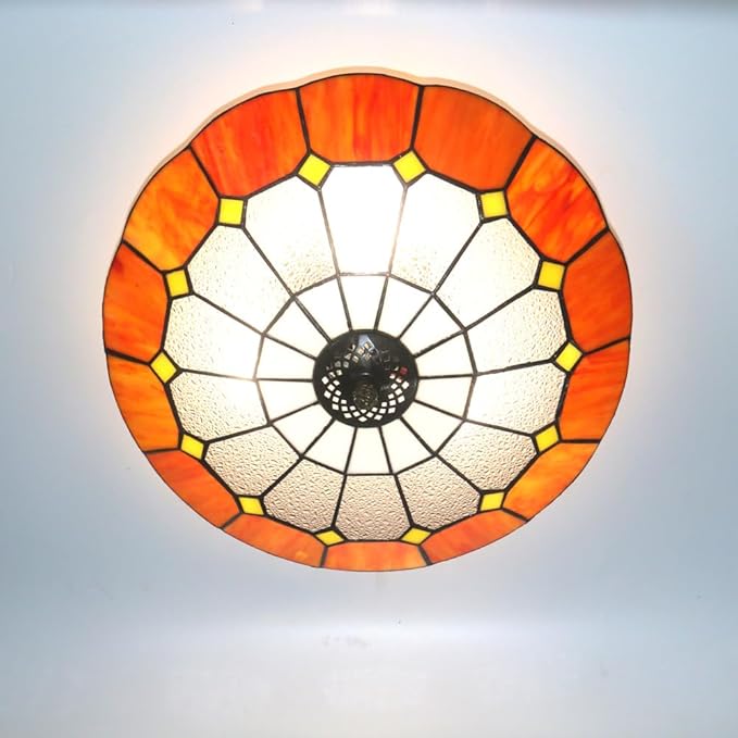 Tiffany Style Ceiling Light 16 Inch 3-Lights Vintage Pendent Stained Glass Flush Mount Ceiling Light Chandelier Lighting Fixtures for Bedroom Dining Room Living Room (Orange 16 Inch)