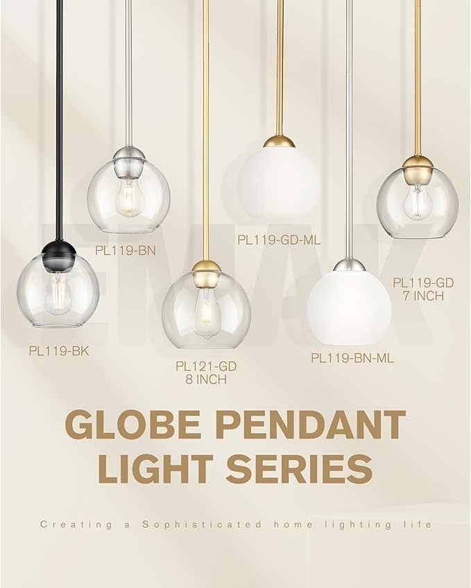 Emak 2 Pack Gold Pendant Light Fixtures, 8 Inch Globe Pendant Lights Kitchen Island with Clear Glass, Modern 1 Light Pendant Lighting for Kitchen, Bedroom, Bathroom, PL121-GD-2PK