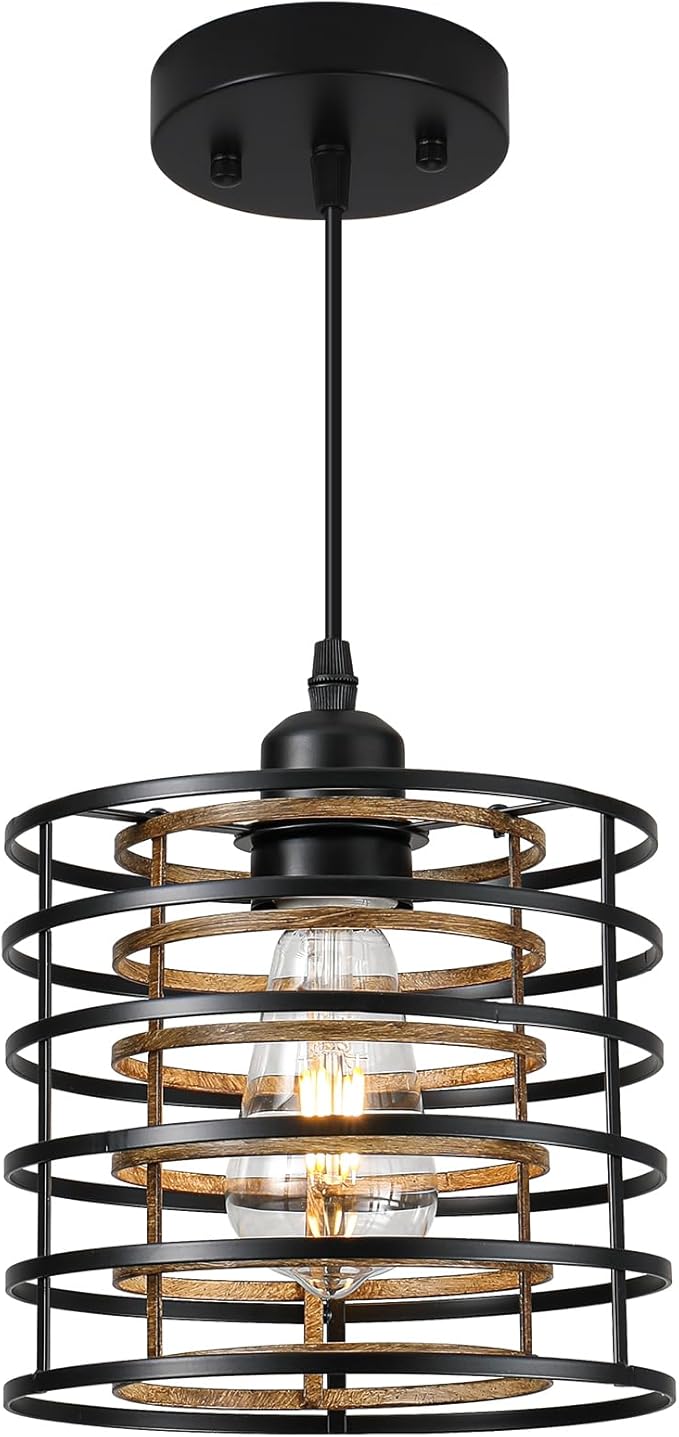 Farmhouse Pendant Lights Kitchen Island, Kitchen Hanging Light Fixtures Wood Grain Cage Metal Lighting for Dining Room Bedroom Bar Office Entryway Hallway, Industrial Black, 1 Pack