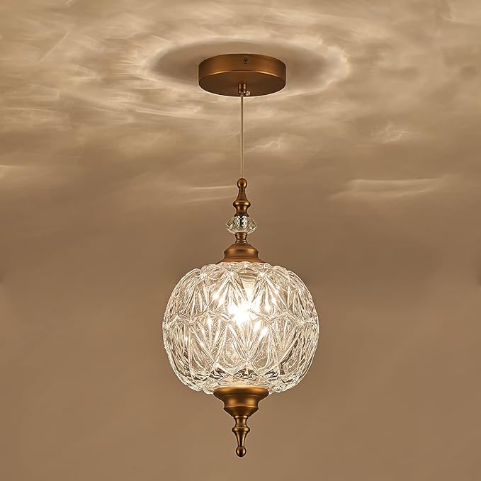 Modern Brass Pendant Light Antique Delicate Decorative Pattern Glass Ceiling Pendant Lighting Fixtures for Kitchen Island Bedroom Dinning Room with Original Design