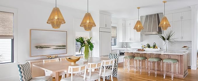 15” Boho Hand Woven Rattan Pendant Light Classic Coastal Chandelier for Kitchen Island Dining Room Hallway, UL Listed