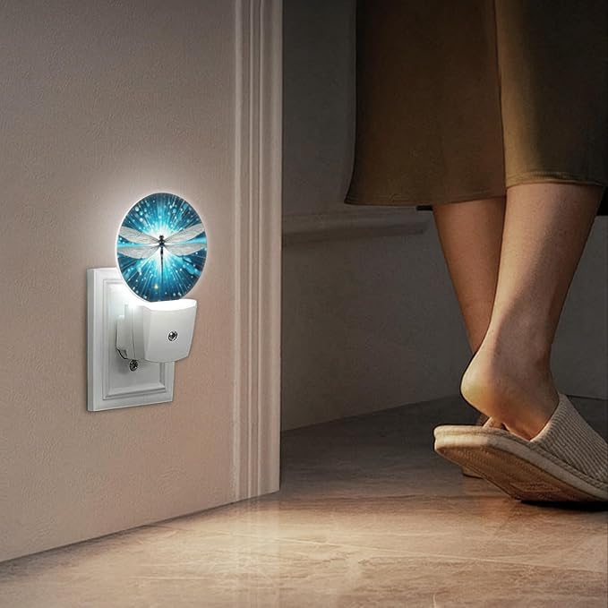 Round LED Night Lights Lamp with Dusk to Dawn Sensor, Dragonfly Shiny Abstract Night Light Plug Into Wall for Kids Room, Bedroom, Bathroom, Kitchen, Hallway