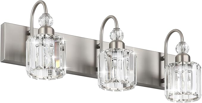 Ralbay Brushed Nickel Vanity Light for Bathroom Crystal 3-Light Modern Bathroom Light Fixtures