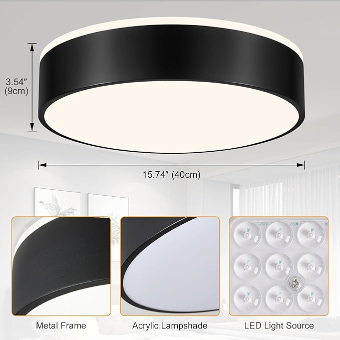 Dimmable Black LED Ceiling Light Fixture, 5CCT 2700 K-6000 K Modern Flush Mount Ceiling Light, Round Minimalist Lighting Fixture for Bedroom, Kitchen, Laundry Room, Living Room, 15.74 Inch