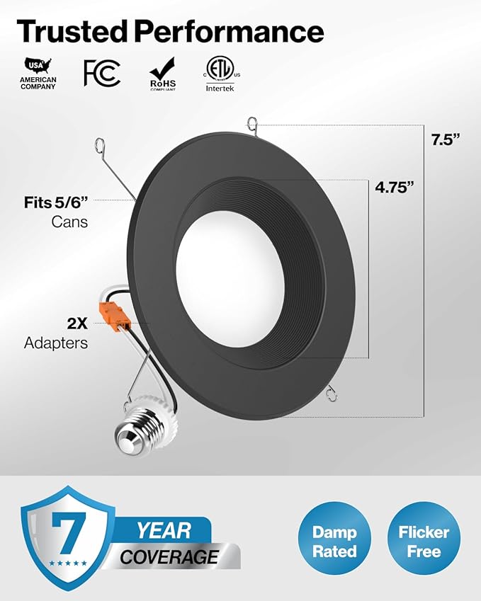 Sunco 24 Pack 5CCT Black LED Recessed Lighting 6 Inch, 2700K/3000K/3500K/4000K/5000K Selectable, Dimmable Can Lights, Baffle Trim, 13W=120W, 965 LM, Damp Rated, Retrofit Installation - UL Listed