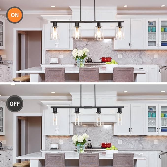 4-Light Kitchen Island Lighting, Black Simplicity Bar Island Lights for Kitchen, Farmhouse Chandelier with Adjustable Height & Clear Glass Shades, Linear Hanging Dining Room Light Fixture Over Table